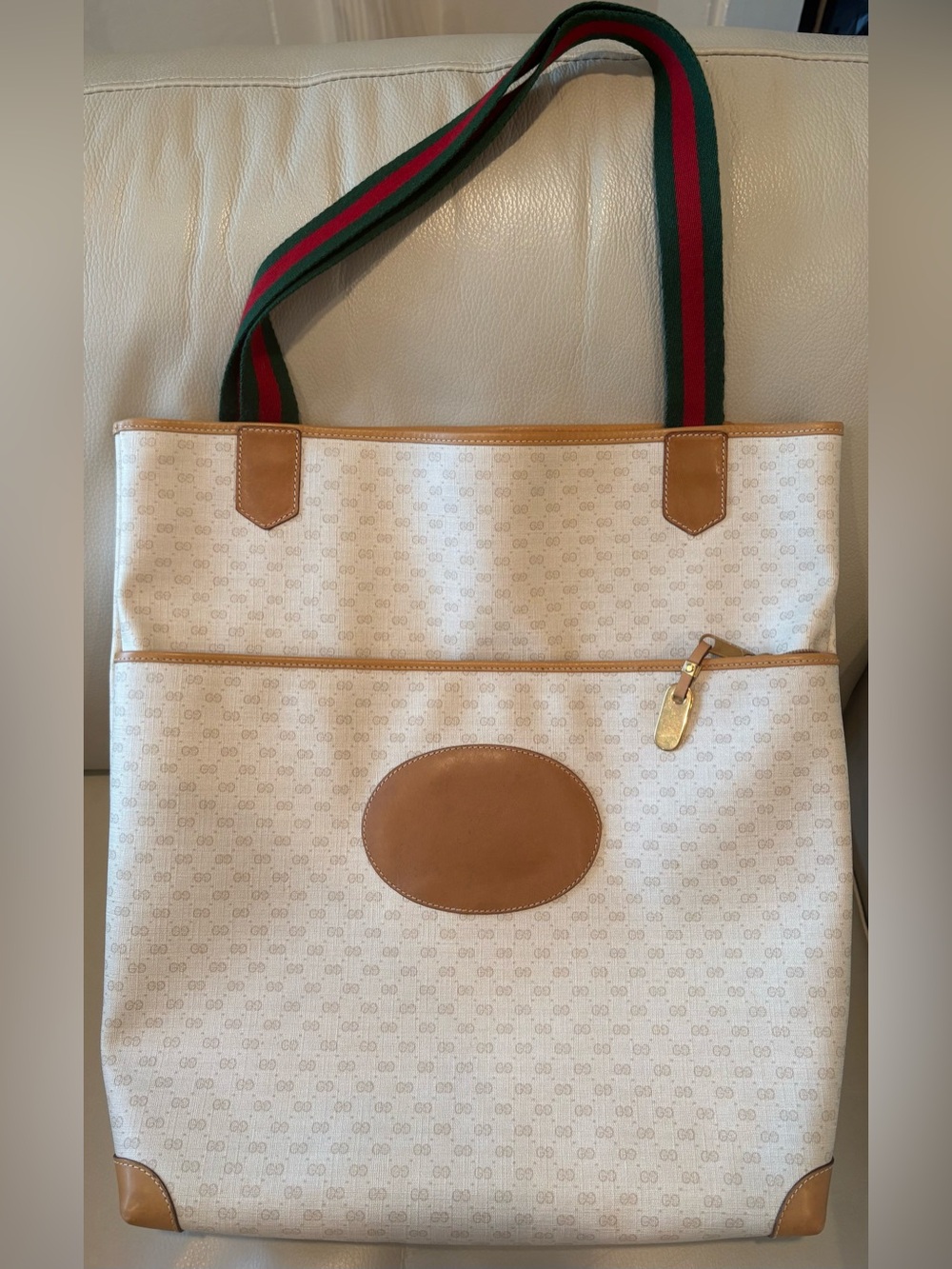 Gucci Beige Micro GG Canvas Tote with Tan Leather Trim and Green-Red Web Straps